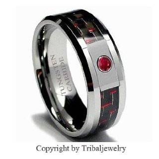 8MM Tungsten Carbide Ring LIGHT RED RUBY STONE .050 Carat & BLACK/ RED 