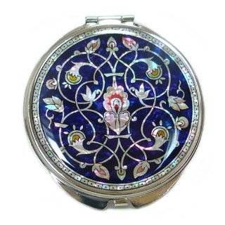 Mother of Pearl Candle Design Double Compact Blue Metal Round Pocket 