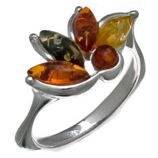 Multi Color Genuine Amber Sterling Silver Medium Size Teardrop Ring 