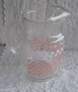 Vintage Anchor Hocking Glass Water Pitcher White Vine Pink Basket Weave