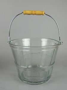 Vintage Anchor Hocking Glass Ice Bucket Pail Bushel Basket Wood Handle
