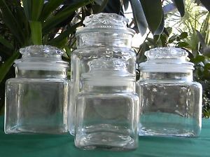 4 PC Glass Canister Apothecary Storage Jars Anchor Hocking Set Clear Glass