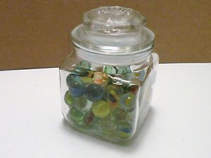 Vtg Small Anchor Hocking Clear Glass Canister with Vtg Marbles Lid