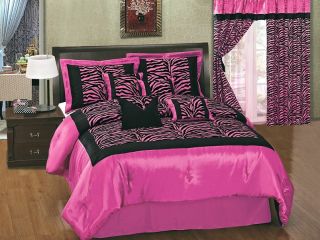 New Satin Zebra Print Hot Pink Black Comforter Set Twin Full Queen King Curtains