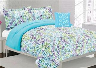 Full Girls Teen Blue Purple Green Fun Leopard Animal Print Comforter Bedding Set