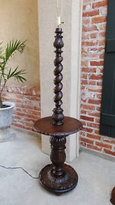 Antique English Floor Lamp End Table Dark Oak Barley Twist Carved Pedestal