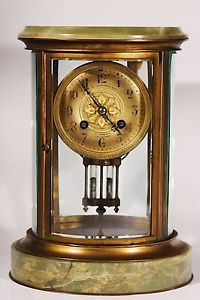 Antique French Onyx Oval Crystal Regulator Brass Glass Clock Mercury Pendulum