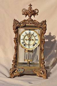 Antique Ansonia Mantle Clock Open Escapement Brass Glass Case Mercury Pendulum