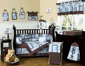 Unique Geometric Blue Chocolate Brown Cheap Designer Baby Boy Crib Bedding Set