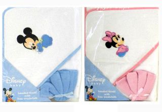 Disney Mickey Minnie Mouse Infant Baby Bath Hooded Towel w Washcloth Blue Pink