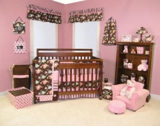 Trend Lab Blossoms Floral Pink Brown Girl 4pc Nursery Crib Bedding Set