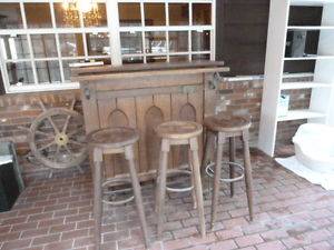 Antique Solid Oak Wood Wrought Iron Bar Liquor Cabinet Bar Stools RARE