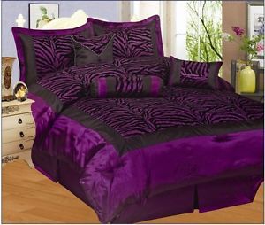 7 Piece Queen Size Comforter Set Satin Zebra Purple Black Bed in A Bag