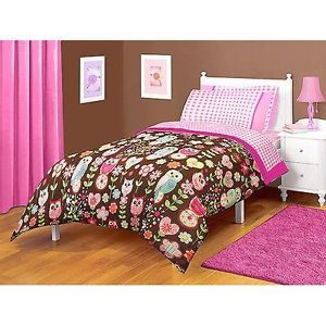 Twin Girls Pink Brown Owl Love Floral Comforter Sheets Bed in A Bag Bedding Set