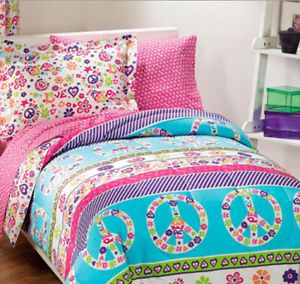 Pink Blue Peace Signs Teen Girls Full Double Comforter 7pc Bed in A Bag New
