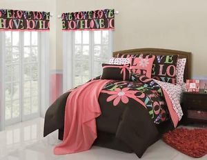 11 Piece Twin Girls Coral Pink Brown Floral Love Comforter Bed in Bag Bed Set