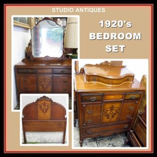 Bedroom Set Vintage Dresser 2 Twin Beds Chest of Drawers Art Nouveau Burl Walnut
