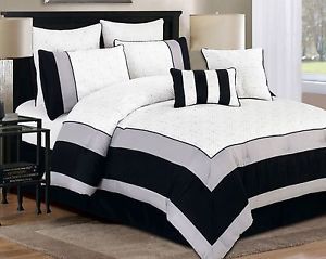 Aspen Black White Gray Quilted Comforter Bed in A Bag Set King