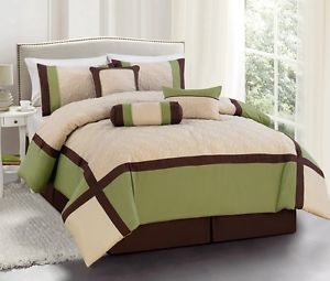 7 Pieces Sage Beige Brown Quilted Bed in A Bag Comforter Set Queen