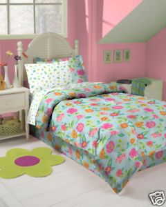 Aqua Pink Flowers Girls 6pc Twin Comforter Bed in Bag