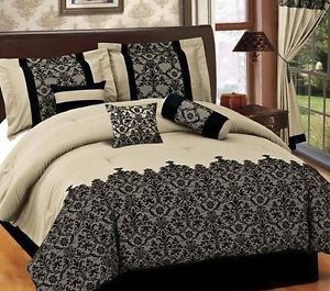 Bed in A Bag 7 Pcs Luxurious Comforter Bedding Ensemble Set Queen Beige Black