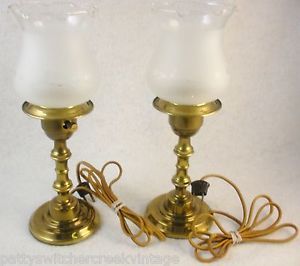 Vintage Brass Bedside Table Lamps with Etched Glass Chimney Shades