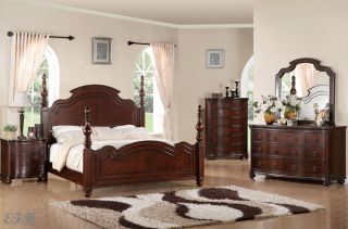 New 4pc Devonshire Brown Cherry Finish Wood Four Post Queen or King Bedroom Set