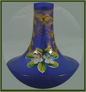 Vintage Cobalt Blue 8" Vase Moriage Flower Gold Glass