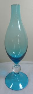 Vtg Mid Century Blenko Hand Blown Art Glass Aquamarine Cobalt Blue Bud Vase RARE