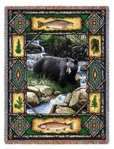 Black Bear Lodge Stream Wildlife Fish Tapestry Throw Afghan Bed Blanket