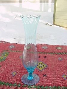 Sky Blue Bud Vase Handblown Art Glass 8" Tall with Optic Twist Ruffle Edge