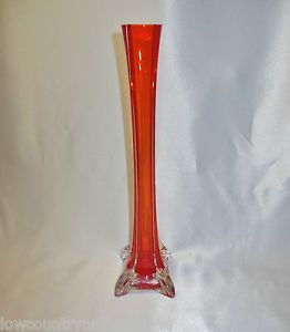 Red Clear Art Glass Long Stemmed Four Toed Footed Tall Bud Flower Vase