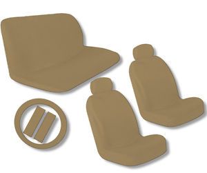 Comfort Cloth Solid Tan Beige Interior Set Car Seat Covers Steering Wheel CS2