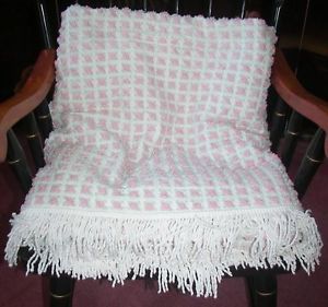 Antique Vtg Morgan Jones Pink Green White Rosebud Double Chenille Bedspread Tag