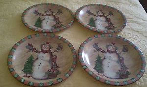 Susan Winget Christmas Scene Dinner Plates "Country Snowman" Setting for 4