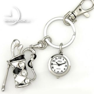 Key Chain Novelty Mini Clock Black White Golf Bag