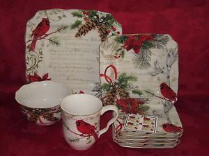 222 Fifth Holiday Wishes Poinsettia Cardinal Christmas Dinnerware 20 PC Serv 4