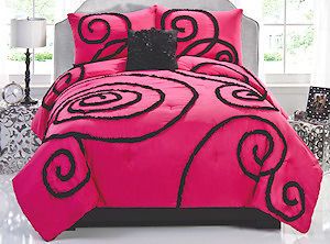 Pink Hand Sewn Ruffle Black Design Full Queen Comforter Set Teen Girl Bedroom
