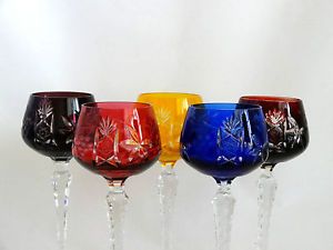 Older Bohemian Czech Multi Color Cut to Clear Glass Crystal Hock Wine Glasses