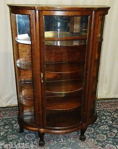 Antique Oak Bowed Glass China Curio Cabinet with Claw Feet