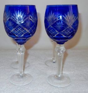 Beautiful Estate 4 Cobalt Blue Cut Glass Crystal Stemed Wine Goblets Glass
