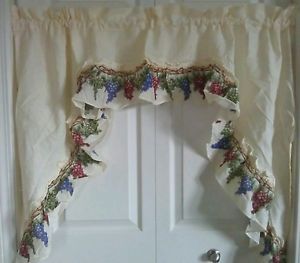 180178571 Two Window Curtain Valance Country Kitchen Grape Vine  