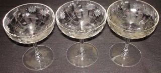 Vintage Etched Cut Glass Daisy Flower Crystal Stemware