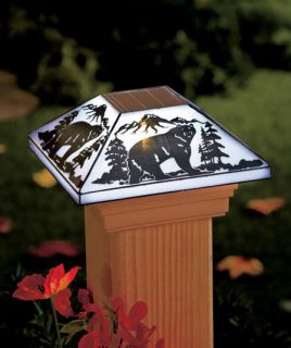 Black Bear Outdoor Solar Lamp Post Cap Stained Glass Light Deck Fence Porch Yard