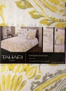 Tahari Yellow Grey Paisley Full Queen 4pc Duvet Cover Set Decorative Pillow