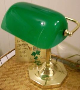 Solid Brass Emerald Green Glass Shade Bankers Library Desk Lamp Octagonal Base
