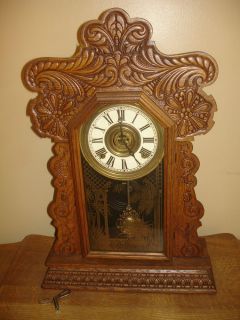 Antique Gingerbread Kitchen Clock Fireplace Mantel Shelf w Key Pendulum