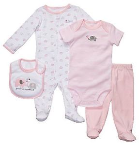 Carter's 4 Piece Pink Elephant Set Outfit Baby Girl Clothes Sleepers