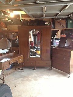 3 PC Antique 100 Oak Bedroom Set w MIR Armoire Lift Top Dresser MIR Desk VGC