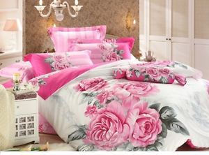 Queen Bed in A Bag Duvet Covers 5pc Lovely White Pink Roses Bedding Sets